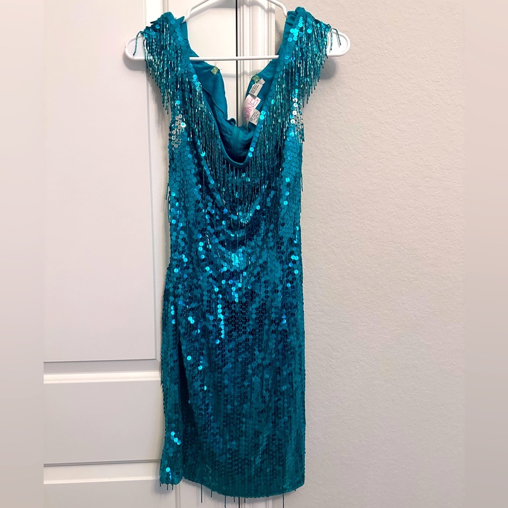 Nadine Green Sequence Fringe Flapper Gatsby Cocktail Dress - Large